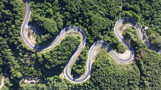 Aerial view of winding asphalt mountain road among green trees in summer. (Domani&ccedil;,İneg&ouml;l dağ yolu)	