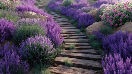 Serene wooden pathway through blooming lavender fields and colorful roses in vibrant spring landscape under a bright blue sky in peaceful countryside setting