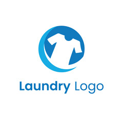 Dynamic vector logo design for modern laundry services, featuring a clean blue circle and stylized white t-shirt graphic for apparel care branding