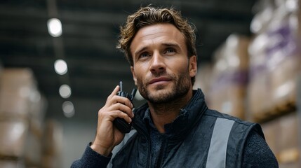 A focused man in a warehouse holding a walkie talkie to his ear engaged in professional communication