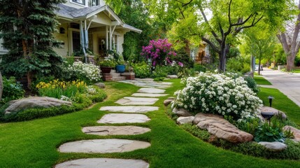 Obraz premium Beautiful Garden Pathway Surrounded by Greenery and Vibrant Flowers in a Residential Area during Bright Sunny Day