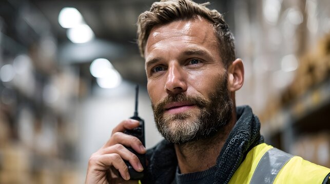 A male logistics professional communicates via walkie talkie in a brightly lit warehouse wearing a high visibility safety vest