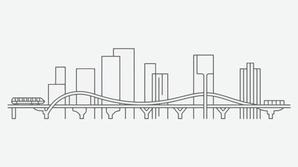 Modern city skyline silhouette with a wavy bridge and elevated highway in a minimalist line art style