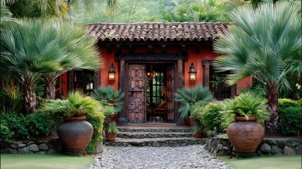 Fototapeta premium Charming Rustic House Surrounded by Lush Greenery and Elegant Palm Trees with Beautiful Terracotta Pots and Intricately Designed Wooden Door