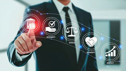 Business leader navigating ethical and legal frameworks for corporate governance and integrity, ensuring compliance and responsible growth in a modern enterprise