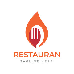 Vibrant restaurant logo with a stylized flame icon and integrated fork and spoon, representing hot cuisine and passionate dining, ideal for modern culinary brand identity