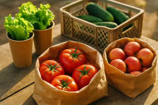 Fresh tomatoes, apples, cucumbers, and lettuce displayed in paper bags and cups on a rustic wooden table outdoors in natural sunlight - Powered by Adobe