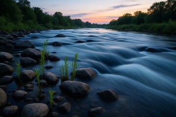 Obraz premium Serene river with smooth flowing water over rocks, natural photo style, forest background, concept of tranquility and nature beauty