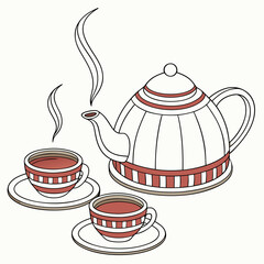 Elegant teapot and teacups with steam
