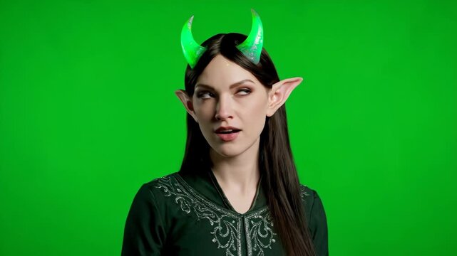 Elf with Devil Horns on Green Screen - A woman with elf ears and green devil horns poses against a green screen background, looking up and to the right.