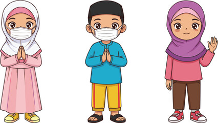 Cartoon Muslim kids wearing face mask, Islamic children greeting, hijab girl, boy praying, cultural illustration, Ramadan kareem, Eid mubarak festival