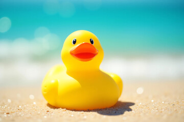 yellow rubber duck on sandy beach with ocean waves in background under natural sunlight