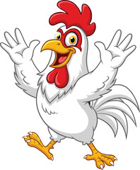 Cartoon rooster character with red comb and wings up, funny farm chicken mascot illustration, happy poultry animal vector design drawing