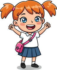 Cartoon schoolgirl with red hair, happy student character, wearing uniform, smiling child illustration, cute girl with backpack, education concept artwork