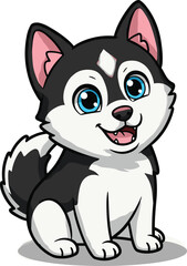 Cute husky puppy cartoon illustration, adorable dog with bright blue eyes, fluffy black and white pet, happy animal character drawing art