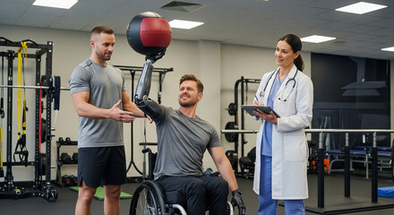 A man in a wheelchair with a prosthetic arm lifts a heavy medicine ball under the supervision of a rehabilitation doctor and trainer. Medical rehabilitation after injury and limb amputation