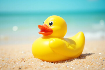 yellow rubber duck on sandy beach with ocean waves in background under natural sunlight