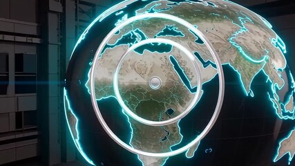 Dynamic global broadcast interface with glowing world map and futuristic rings, perfect for news intros. - Powered by Adobe