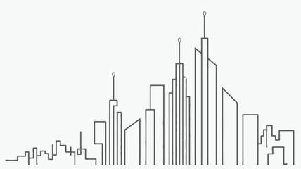 Minimalist single line drawing of a modern city skyline with various tall skyscrapers against a clean white background