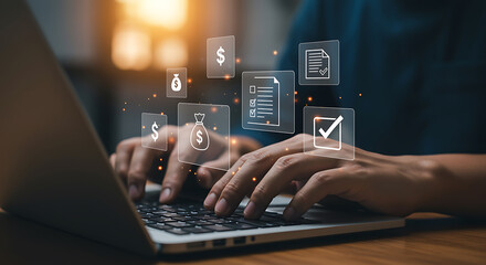 Business people using laptop for online working with paperwork, contract, agreement, document and approve concept working from home, esigning, digital technology