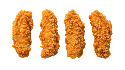 Crispy fried chicken tenders isolated on transparent background, golden brown strips offer a delicious and convenient fast food option for meal