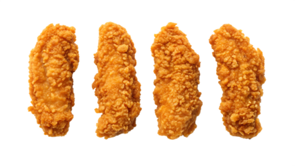 Crispy fried chicken tenders isolated on transparent background, golden brown strips offer a delicious and convenient fast food option for meal