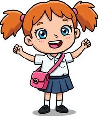 Happy cartoon schoolgirl character with orange hair, smiling child wearing school uniform and backpack, cute young student illustration for education concept