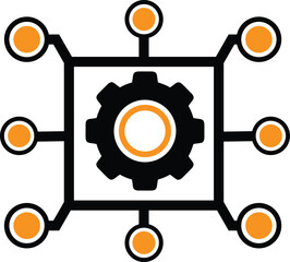 Abstract interconnected network of orange circles and black lines surrounding a central black gear mechanism