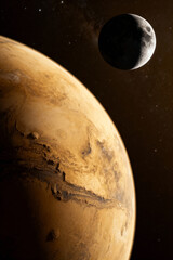 Red Planet and Moon Orbiting in Deep Space Cosmic Scene