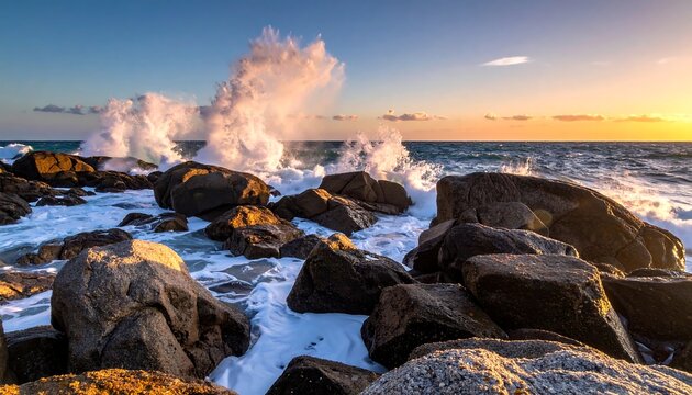 Dramatic sunset over crashing waves on rocky shore - Powered by Adobe