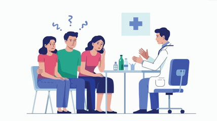 Family consulting with doctor about health concerns and medical treatment options in a clinic setting