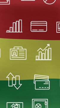 Animation of financial and business icons on red, yellow, green striped background