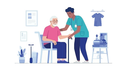 Caring nurse assisting elderly patient with cane in a clean medical clinic or hospital room with medical supplies and equipment