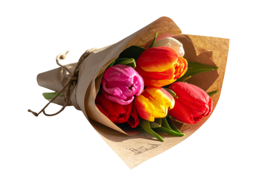 Colorful spring tulip bouquet wrapped in kraft paper