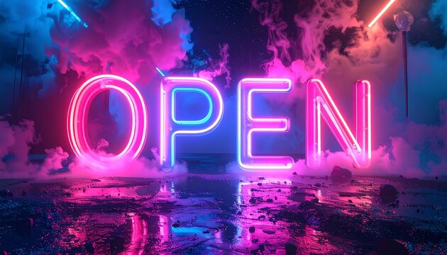 Neon "OPEN" sign in a smoky, futuristic setting with vibrant pink and blue lighting, reflecting on a wet surface