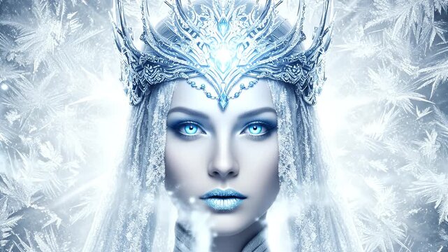 A beautiful fantasy portrait of a majestic ice queen with a frozen crown and glowing blue eyes