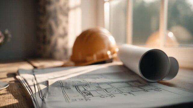 Architectural Blueprint & Hardhat: A focused depiction of construction blueprints, a hard hat, and a roll of architectural plans on a wooden table, emphasizing design, planning.