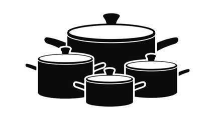 A black and white illustration of a set of nested cooking pots and pans arranged in a minimalist style.  