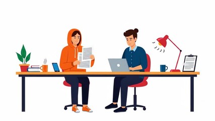 Flat vector of two colleagues are working together at the table isolated on white background a man and a woman are discussing a project in the office business - Powered by Adobe