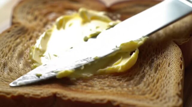 Macro Shot of Silver Knife Spreading Yellow Butter on Brown Toast on Wooden Surface Smooth Motion Warm Light Breakfast Food Photography Delicious Preparation Close Up Top View 190 Characters