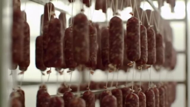 Moving Shot of Rows of Hanging Cured Sausages in Soft Lighting at Commercial Meat Production Plant in White Background Food Preparation and Processing for Gourmet Cuisine 190 characters