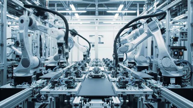 Wide Cinematic Shot of Robotic Arms Assembling Electronic Components on a Conveyor Belt System in a Modern Factory with Sleek Design Under Bright Lighting for Automotive Production