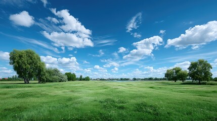 Obraz premium Green Grass Field with White Wildflowers and Scattered Trees Under a Partly Cloudy Blue Sky in a Serene Rural Landscape