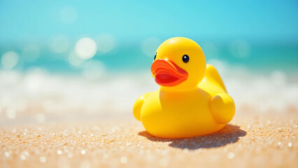 Yellow Rubber Duck Under Sunlight on Beach Sand