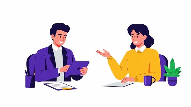 Flat vector of a man in a suit is interviewing a woman in a yellow shirt, they are sitting at a table with a tablet, papers, and a plant isolated on white background business