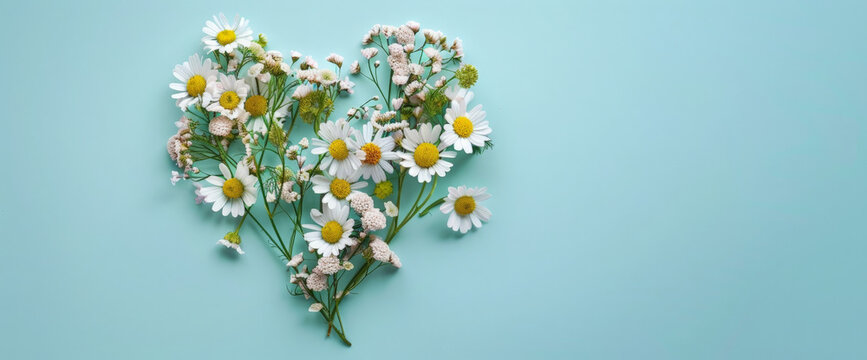 A vibrant heart-shaped arrangement of daisies and wildflowers set against a soft blue background, symbolizing love and nature, perfect for greeting cards or floral designs - Powered by Adobe