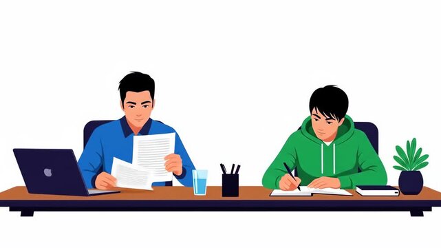 Flat vector of two colleagues are sitting at a table and working isolated on white background one is using a laptop, and the other is writing on paper business