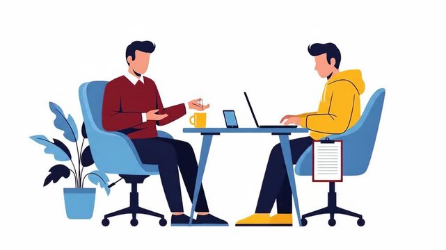 Flat vector of two colleagues are sitting at a table and discussing work isolated on white background one is using a laptop, and the other is gesturing business