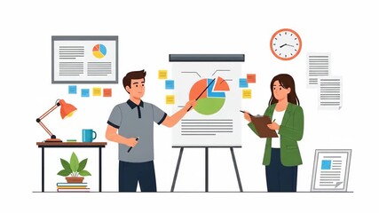 Flat vector of business meeting with presentation of pie chart on whiteboard, team discussing financial data isolated on white background business - Powered by Adobe