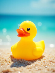Yellow Rubber Duck Under Sunlight on Beach Sand